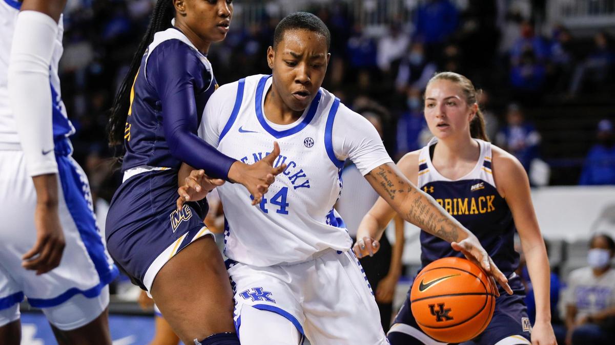 Kentucky Wildcat Dre’una Edwards (44) dribbles the ball against the Merrimack Warriors during the game at Memorial Coliseum in Lexington, Ky., Sunday, December 5, 2021. Edwards is still suspended for UK’s home game Sunday against Ole Miss.