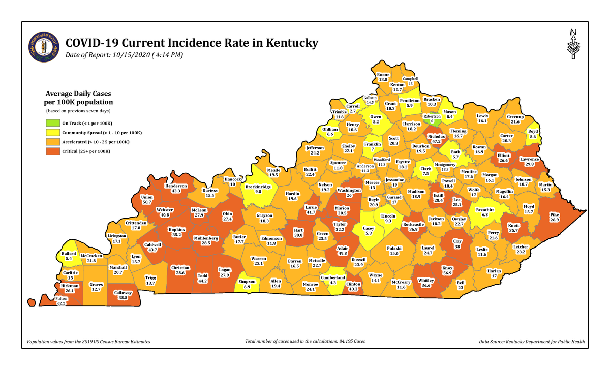 The number of Kentucky counties with a coronavirus incidence rate of more than 25 per 100,000 continues to grow. This map shows the incidence rates for Oct. 15, 2020.