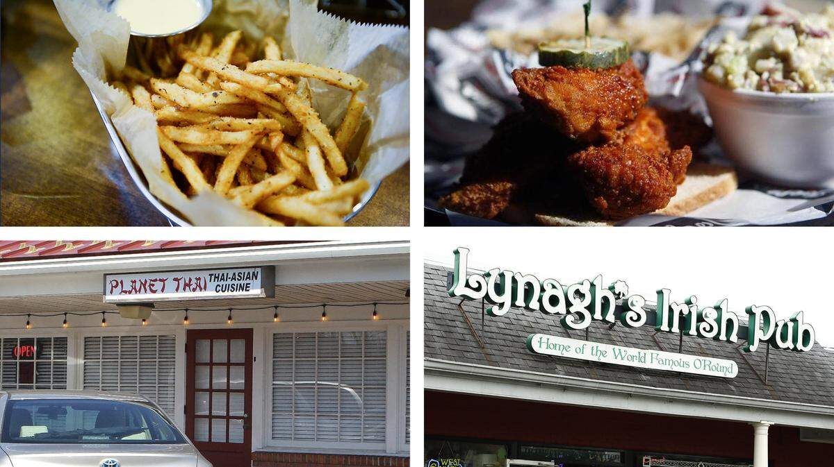 Clockwise from top: HopCat, which serves its signature fries, Joella’s Hot Chicken, Lynagh’s at 384 Woodland Ave. and Planet Thai at 2417 Nicholasville Rd. each has come off the health department’s probation list.