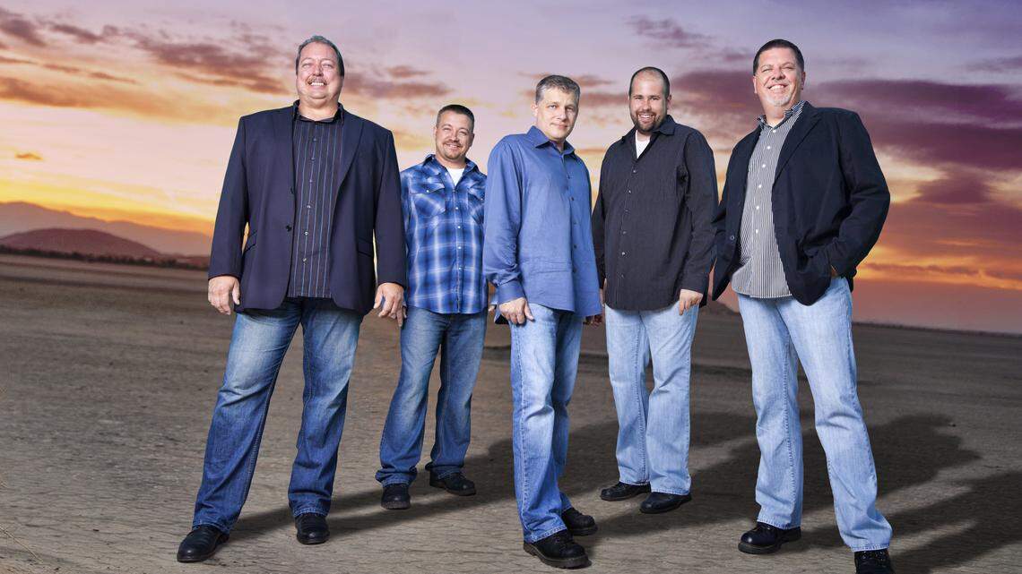 Russell Moore and IIIrd Tyme Out — Wayne Benson, left, Moore, Justen Haynes, Edgar Loudermilk and Steve Dilling — play two shows Saturday in Clay City.    