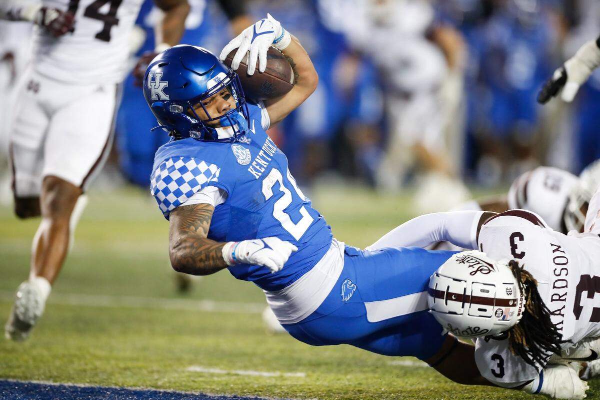 Kentucky’s Chris Rodriguez scores a touchdown against Mississippi State on Saturday, Oct. 15, 2022, at Kroger Field in Lexington, Ky.