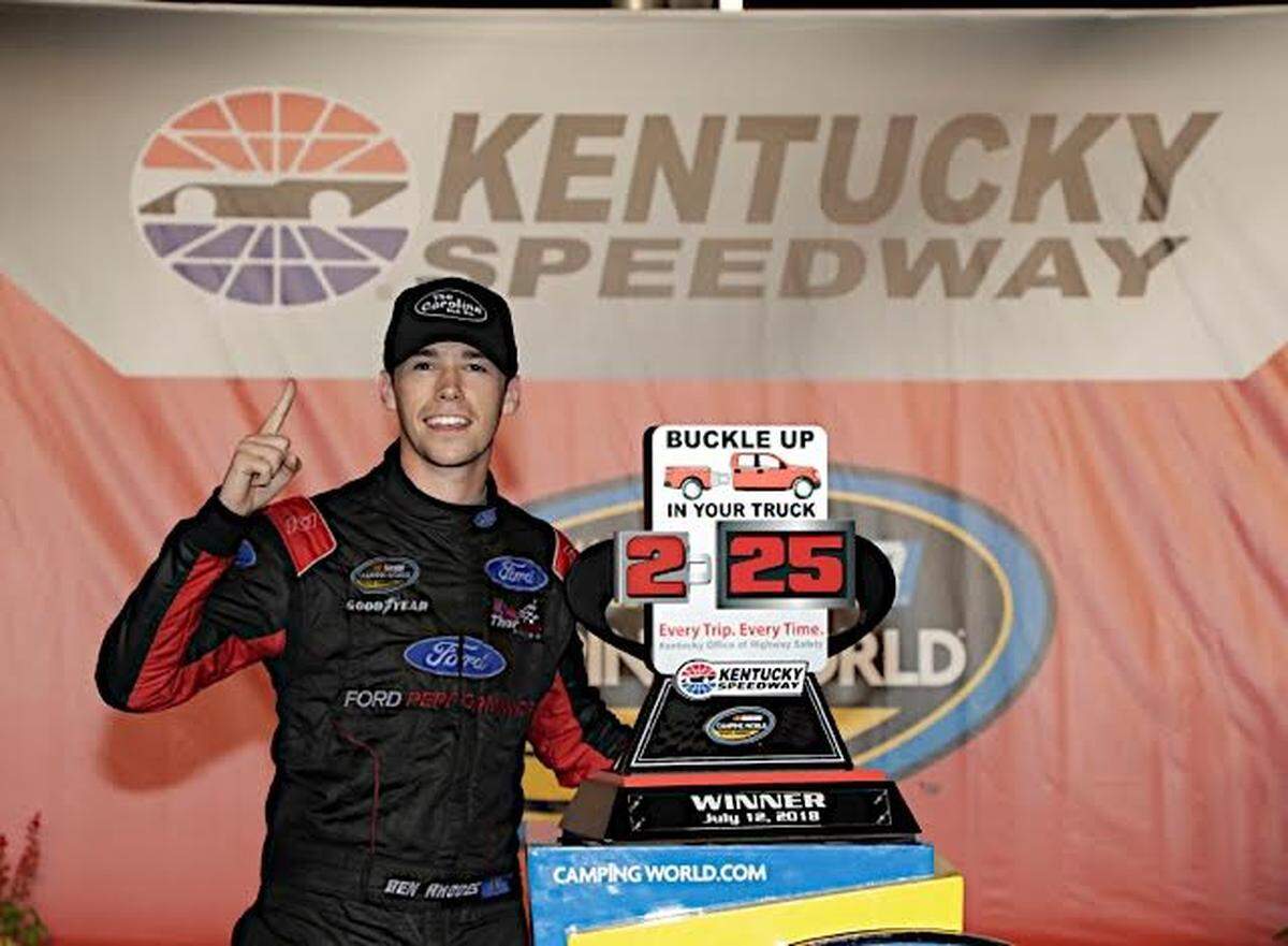 Louisville native Ben Rhodes, 21, became the first Kentuckian to win a NASCAR national touring series race at Kentucky Speedway when he won the Camping World Truck Series Buckle Up in Your Truck 225 on Thursday night.