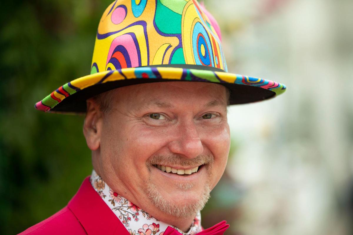 Michael Whitlock, pictured at Churchill Downs May 6, 2023, found his Kentucky Derby hat after an online search. “I try to upgrade each year on the fashion front,” he said.