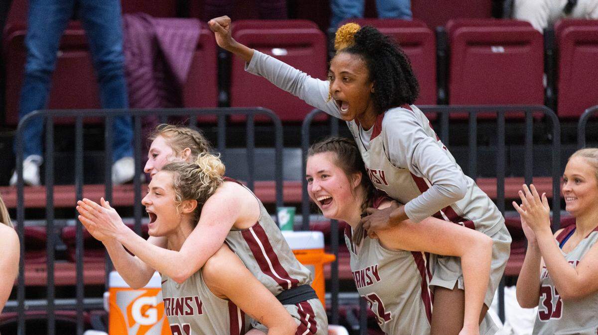 Madison Kellione, top left, celebrated with teammates during Transylvania’s victory in the Heartland Collegiate Athletic Conference championship game. Also pictured are Kennedi Stacy, bottom left, Laken Ball, bottom right, and Dasia Thornton, top right.