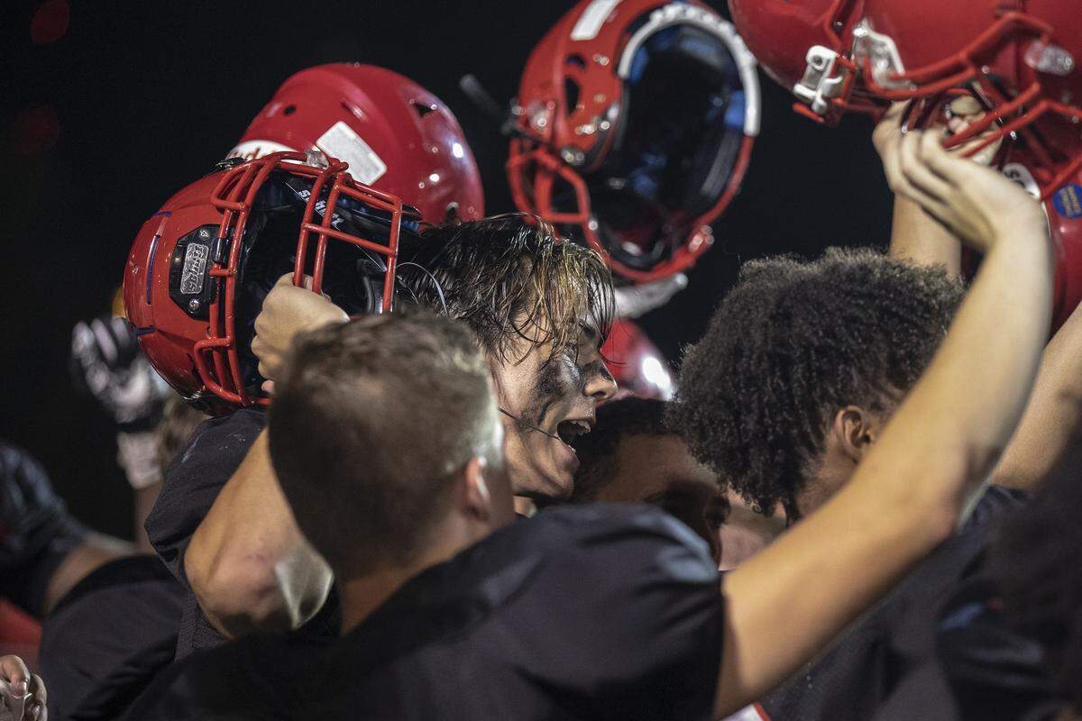 Mayfield players celebrate their 48-7 win over Graves County.