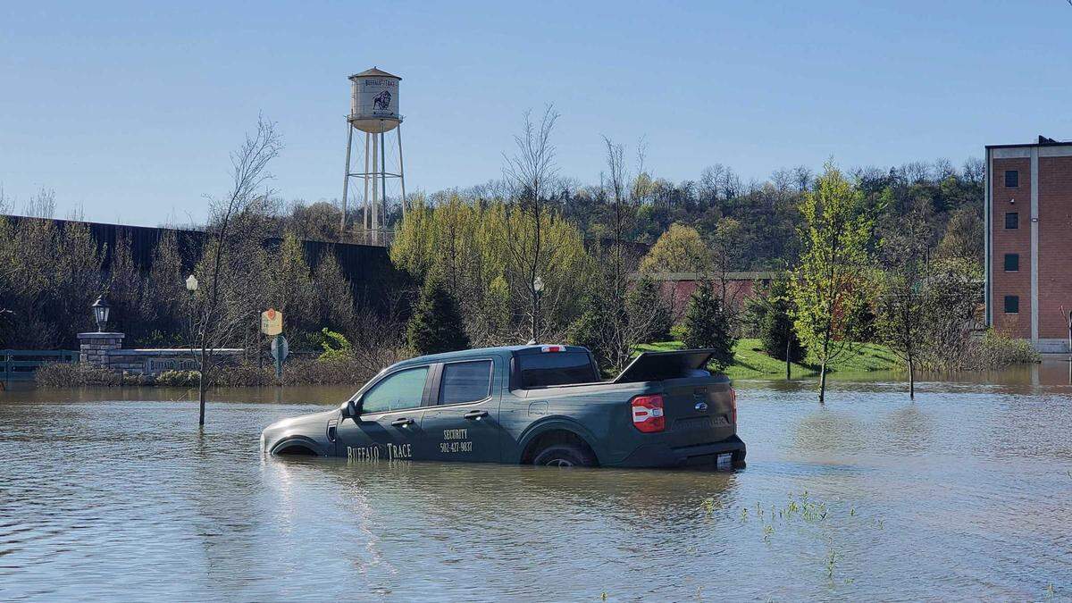 Buffalo Trace Distillery and portions of Wilkinson Blvd. are underwater on April 8, 2025, after recent storms brought floods to Frankfort.