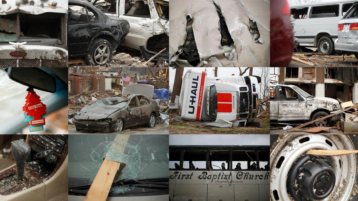 A composite image showing damaged vehicles following last week’s deadly series of tornadoes throughout Mayfield, Ky., Wednesday, Dec. 15, 2021.