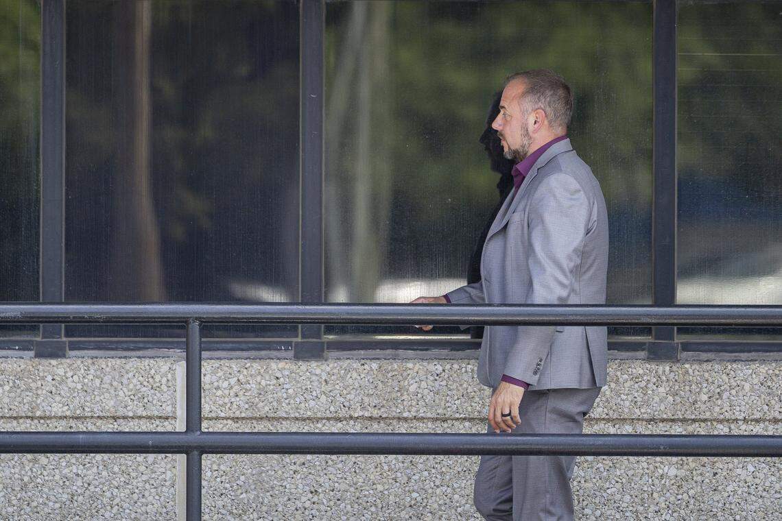Brad Pagel walks into his creditors hearing on Monday, Aug. 11, 2025, at US Bankruptcy Court in Lexington, Ky.
