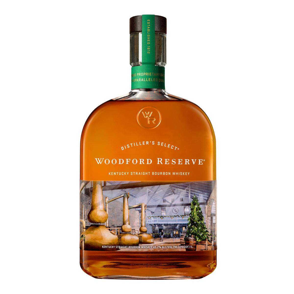 This year’s Woodford Reserve holiday bottle features a watercolor scene of the distillery’s three copper pot stills. It’s available for $50.