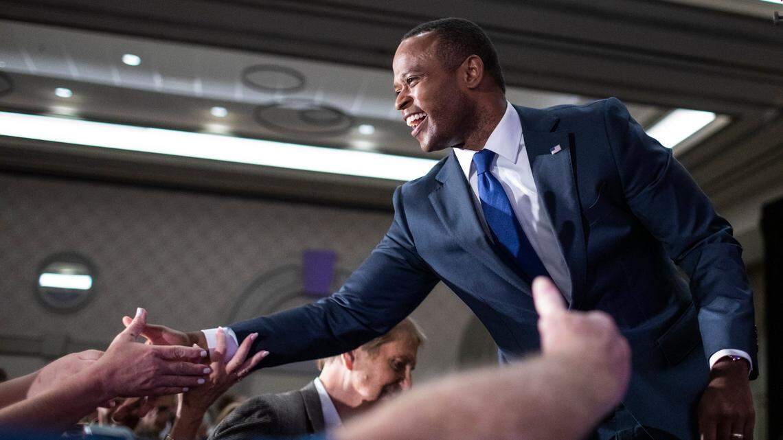 Gubernatorial candidate Daniel Cameron speaks briefly and greets supporters after securing the Republican primary election at an event at the Galt House in Louisville, Ky., Tuesday, May 16, 2023.