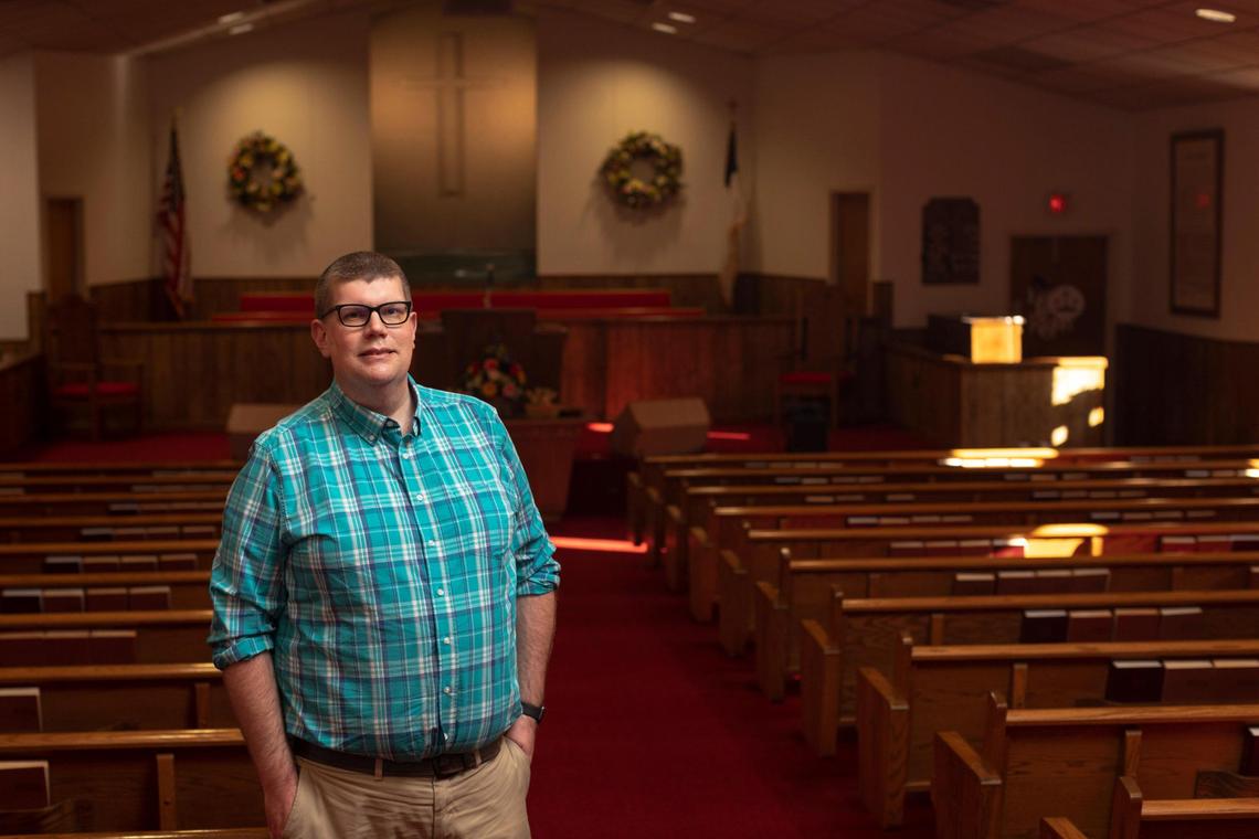 Pastor Sean Daniels poses for a portrait at Friendship Missionary Baptist Church in Cawood, Ky., Friday, April 9, 2021. Daniels was the first church leader in Harlan County to received the vaccine and has tried to explain to hesitant members of the church in Cawood about the vaccine saying ÒIÕm just trying to keep you safe,Ó.