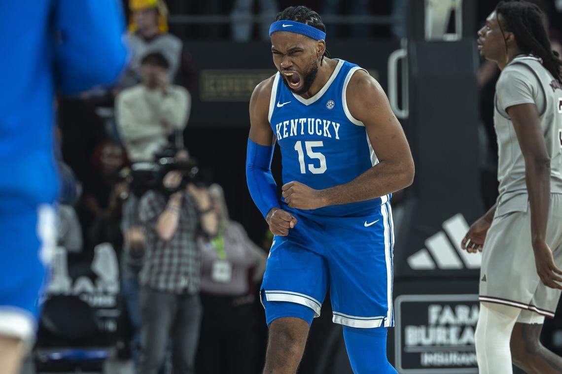 Kentucky forward Ansley Almonor (15) celebrates during Saturday’s game against Mississippi State at Humphrey Coliseum in Starkville, Miss.