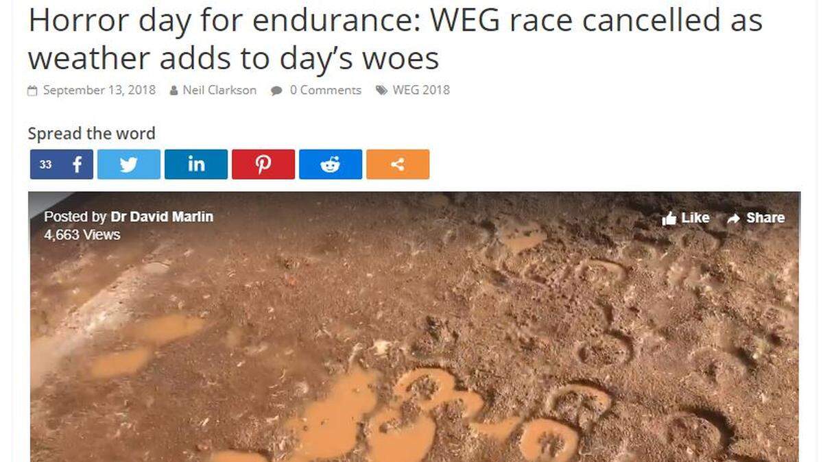 An equine sports site from New Zealand dubbed Wednesday “horror day for endurance” after a false start and then bad weather forced cancellation of the competition at the World Equestrian Games in Tryon, N.C.
