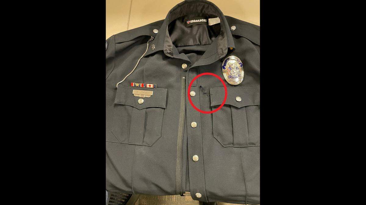 Georgetown police say a suspect stabbed an officer on Thursday, March 4, 2021, but the officer was uninjured thanks to a “trauma plate.”