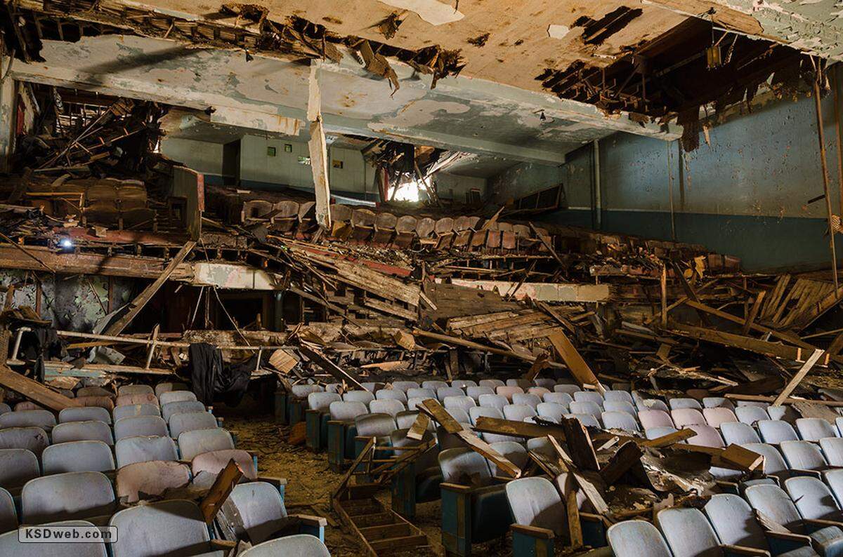 The partially collapsed balcony spills on to the main seats of Somerset’s Virginia Theatre in August 2014.