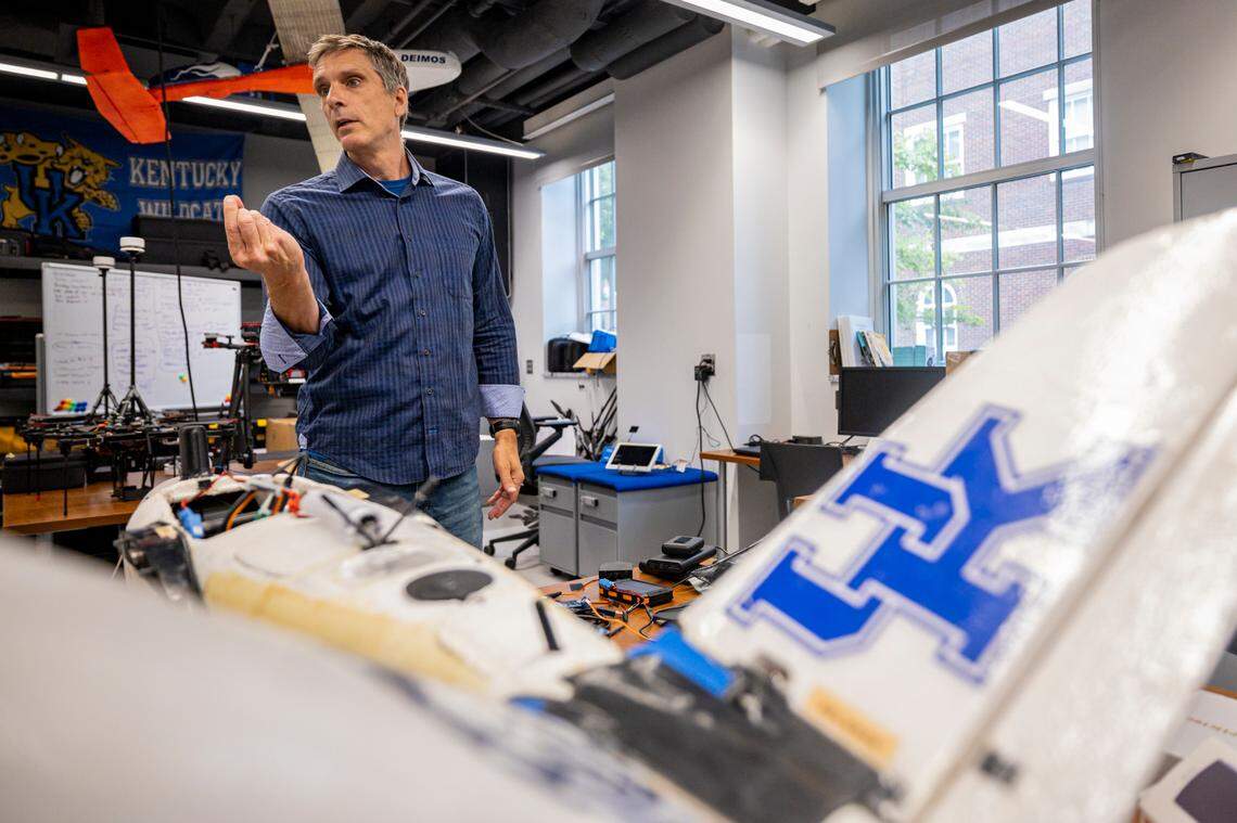 Sean Bailey, UK mechanical and aerospace engineering professor, explains what technology drones use on Monday, July 14, 2025, at the University of Kentucky campus in Lexington, Ky.