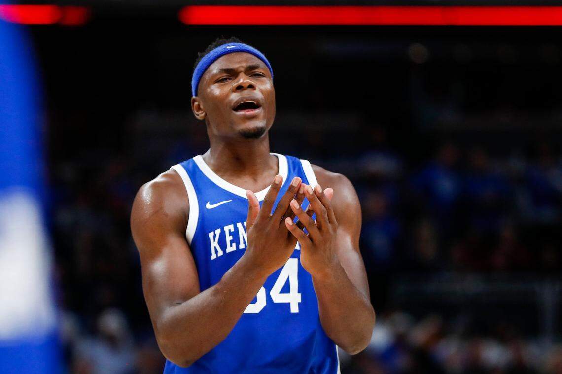 Kentucky forward Oscar Tshiebwe reacts after a foul was called on him during Tuesday’s game against Michigan State in the State Farm Champions Classic at Gainbridge Fieldhouse in Indianapolis.