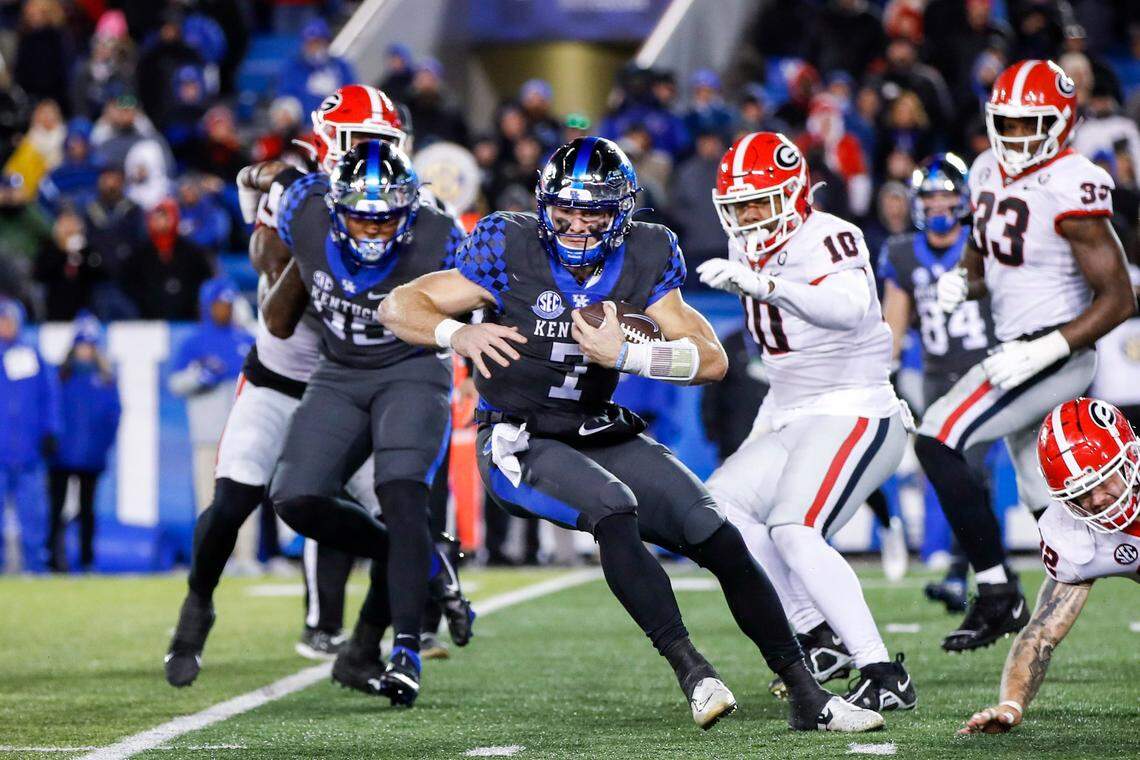 Kentucky quarterback Will Levis (7) runs the ball against Georgia on Saturday. “I was joking, ‘This is the healthiest I’ve felt after a game all season — against the best defense in the country,’” he said afterward.