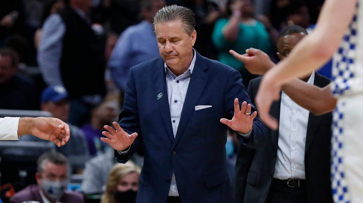 Kentucky head coach John Calipari reacts as the team goes into a timeout in overtime of its first-round NCAA Tournament loss to Saint Peter’s on March 17.