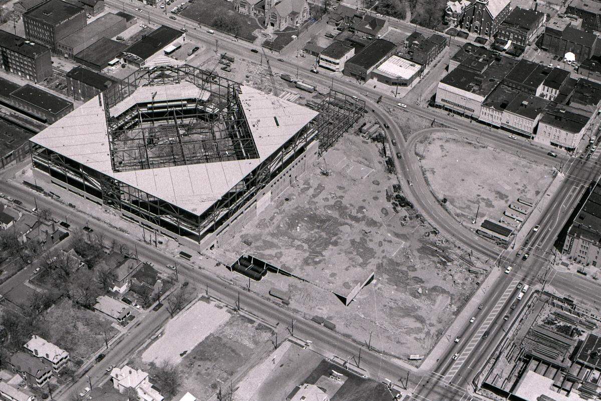 An aerial photo from April 1975 shows the construction site of Rupp Arena, left, and what will become Lexington Center, the Hyatt Regency Hotel and Triangle Park.