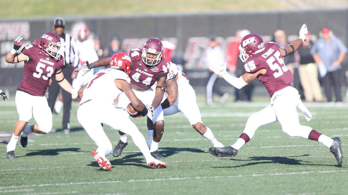 Aaron Patrick (44) was named to the coaches’ preseason All-OVC first team. The redshirt junior defensive end returns to the Colonels after missing most of last season with an injury.