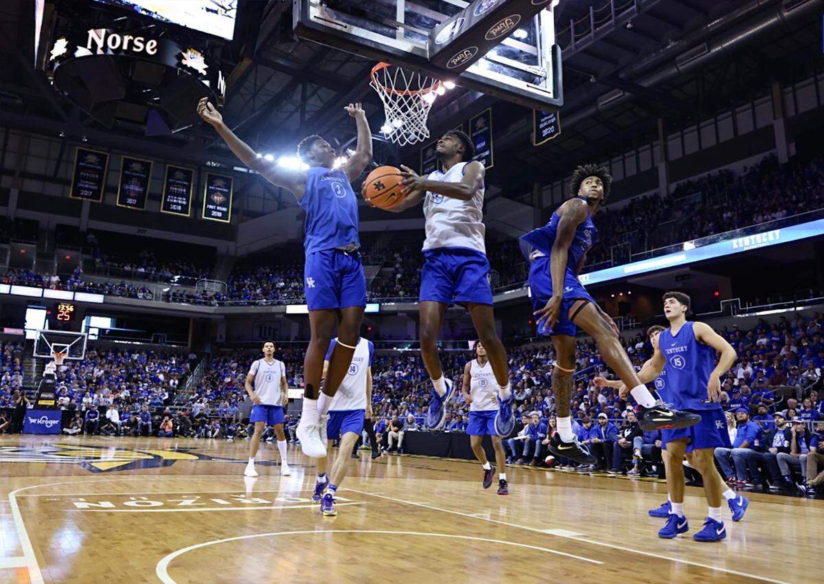 Kentucky’s Antonio Reeves attempts a shot in the Blue-White Game on Saturday, Oct. 21, 2023, at Northern Kentucky University’s Truist Arena.