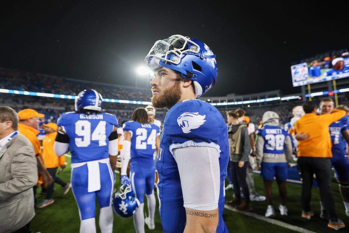 Kentucky quarterback Devin Leary leaves the field after Saturday’s loss to Tennessee at Kroger Field.