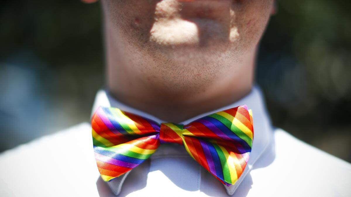 Tyler Stacy, of London, wears a rainbow bowtie during the 2019 Lexington Pride Festival at Courthouse Plaza in downtown Lexington, Saturday, June 29, 2019.