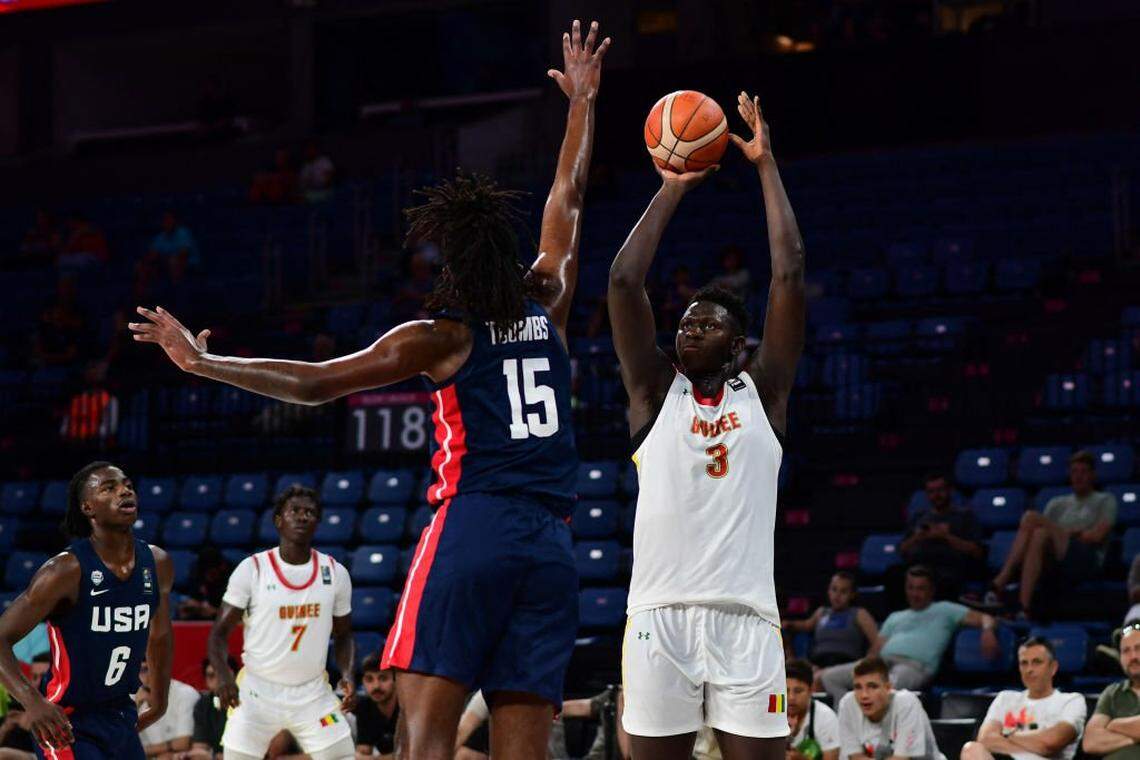 Arafan Diane, #3 of Guinea in action during the FIBA U17 Basketball World Cup - Turkiye 2024 Group B match between Guinea and the United States of America (USA) at Sinan Erdem Dome in Istanbul, Turkey on June 30, 2024. (Photo by Altan Gocher / Hans Lucas / Hans Lucas via AFP) (Photo by ALTAN GOCHER/Hans Lucas/AFP via Getty Images)