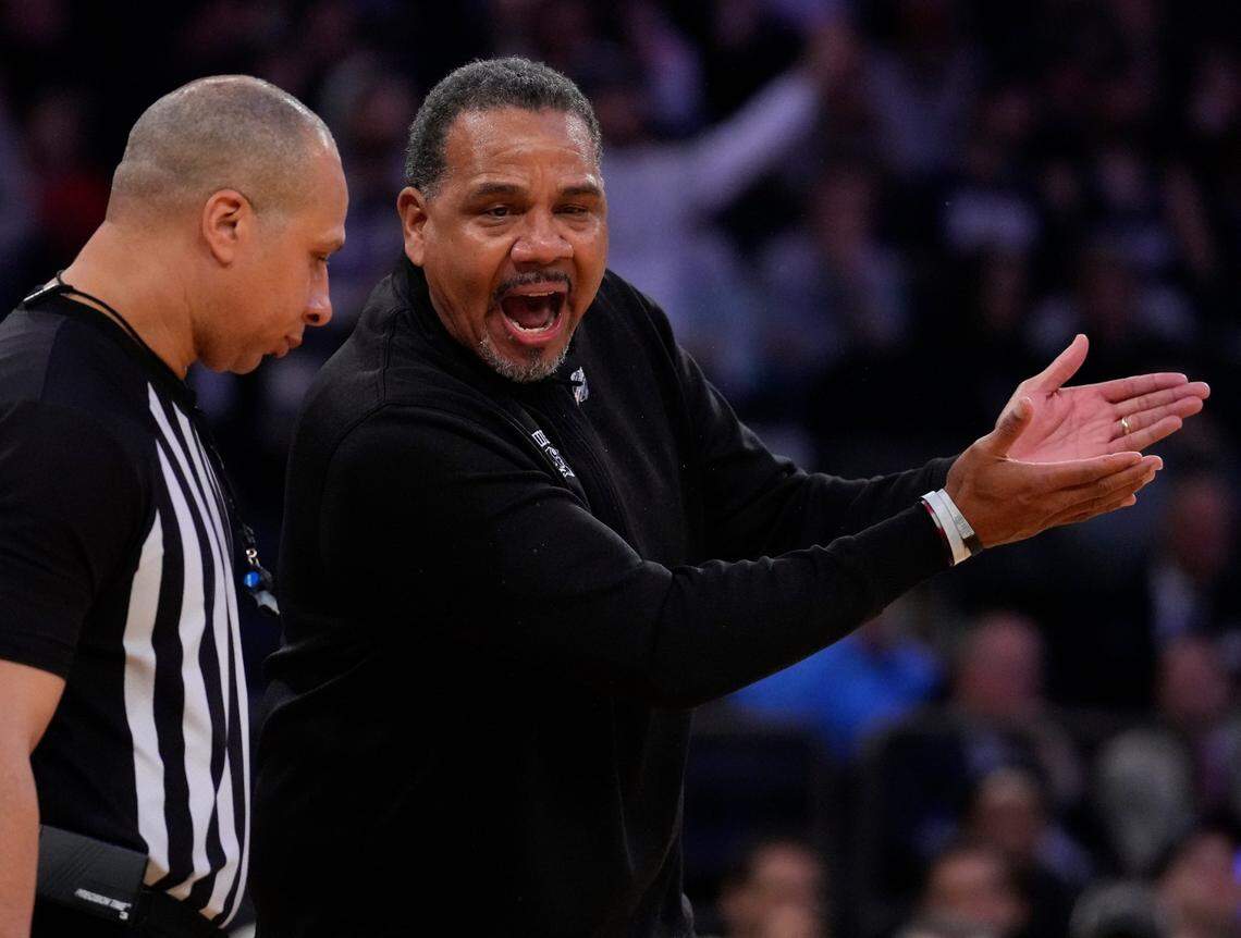 Mar 9, 2023; New York, NY, USA; Providence Friars head coach Ed Cooley works the ref against the Connecticut Huskies at Madison Square Garden. Mandatory Credit: Robert Deutsch-USA TODAY Sports