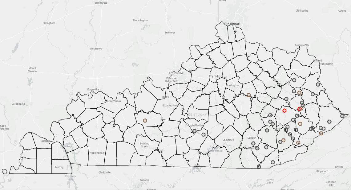 Reported, active and controlled fires are depicted as of April 10, 2026, on an online map maintained from the Kentucky Division of Forestry