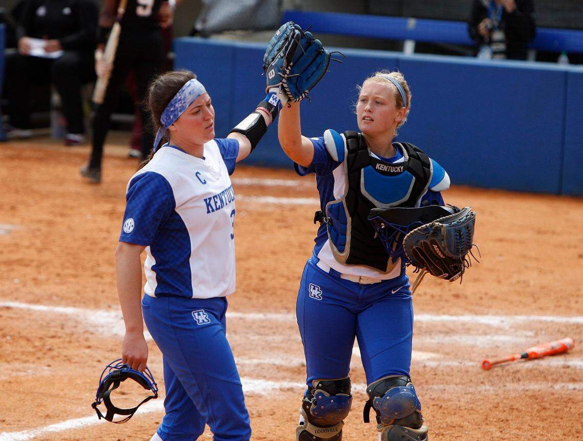 UK pitcher Kelsey Nunley celebrated with catcher Jenny Schaper after a victory at John Cropp Stadium in Lexington in 2016.