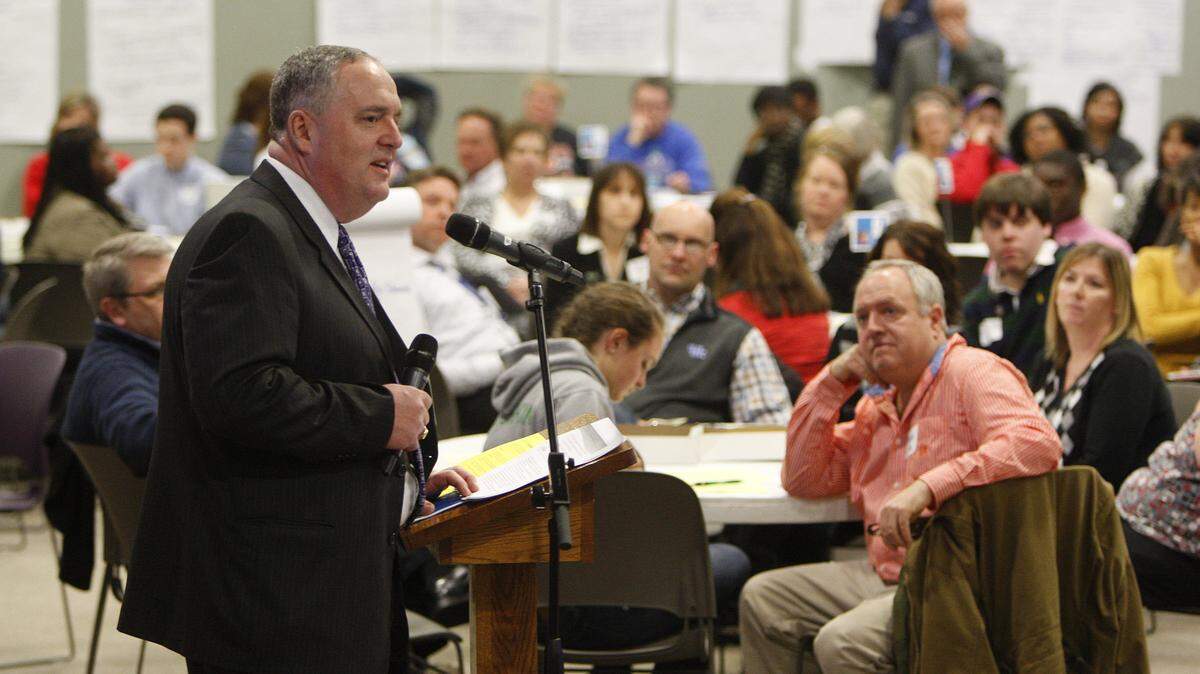 Supt. Tom Shelton speaks during a forum to discuss the budget for the Fayette Co. public school system at Northeast Christian Church in Lexington, Ky., Thursday, March 6, 2014. Photo by Matt Goins