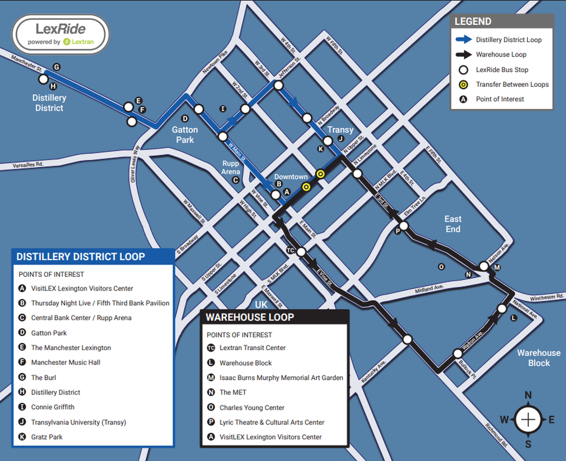 The LexRide circulator service will connect the Warehouse District and Distillery District via two loops that connect downtown.