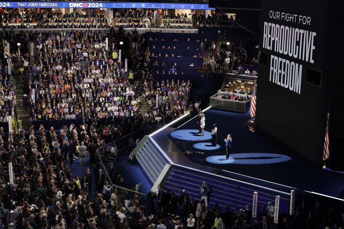Aug 19, 2024; Chicago, IL, USA; Amanda and Josh Zurawski of Texas, Kaitlyn Joshua of Louisiana and Hadley Duvall of Kentucky speak during the first day of the Democratic National Convention at the United Center.  Mandatory Credit: Jasper Colt-USA TODAY