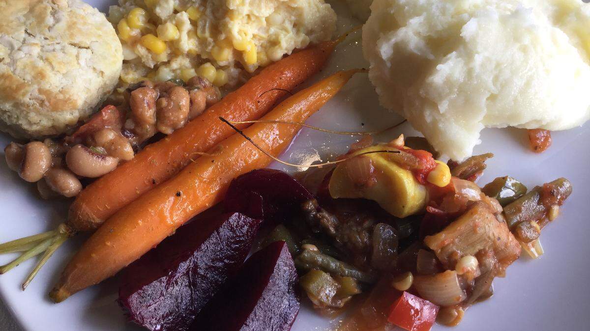 The summer lunch buffet during the July sale at Fasig-Tipton included a plethora of hot vegetables, chilled salads, and more for $20 per person, presented by chef Ouita Michel, who has taken over food service for the auction house.