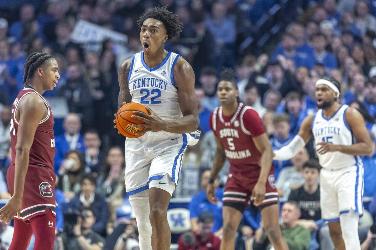 Kentucky center Amari Williams (22) reacts during Saturday’s game against South Carolina at Rupp Arena.