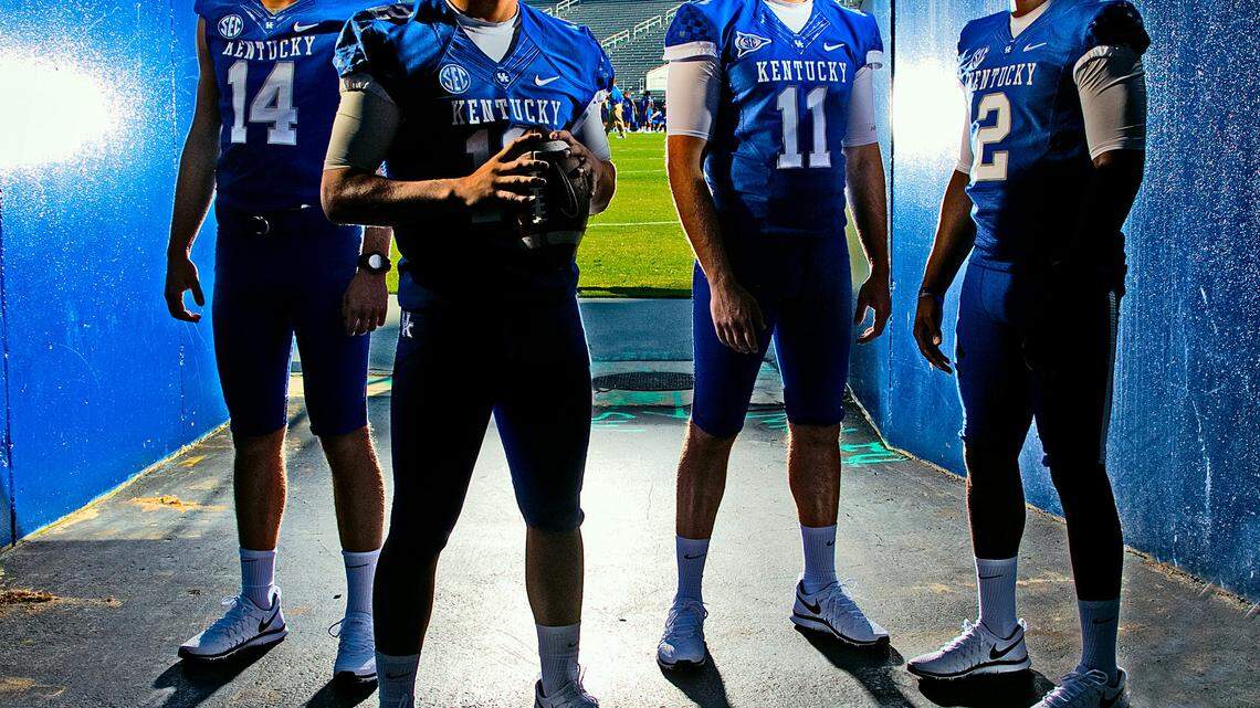 From left, Kentucky quarterbacks Patrick Towles, left, Reese Phillips, Maxwell Smith and Jalen Whitlow.