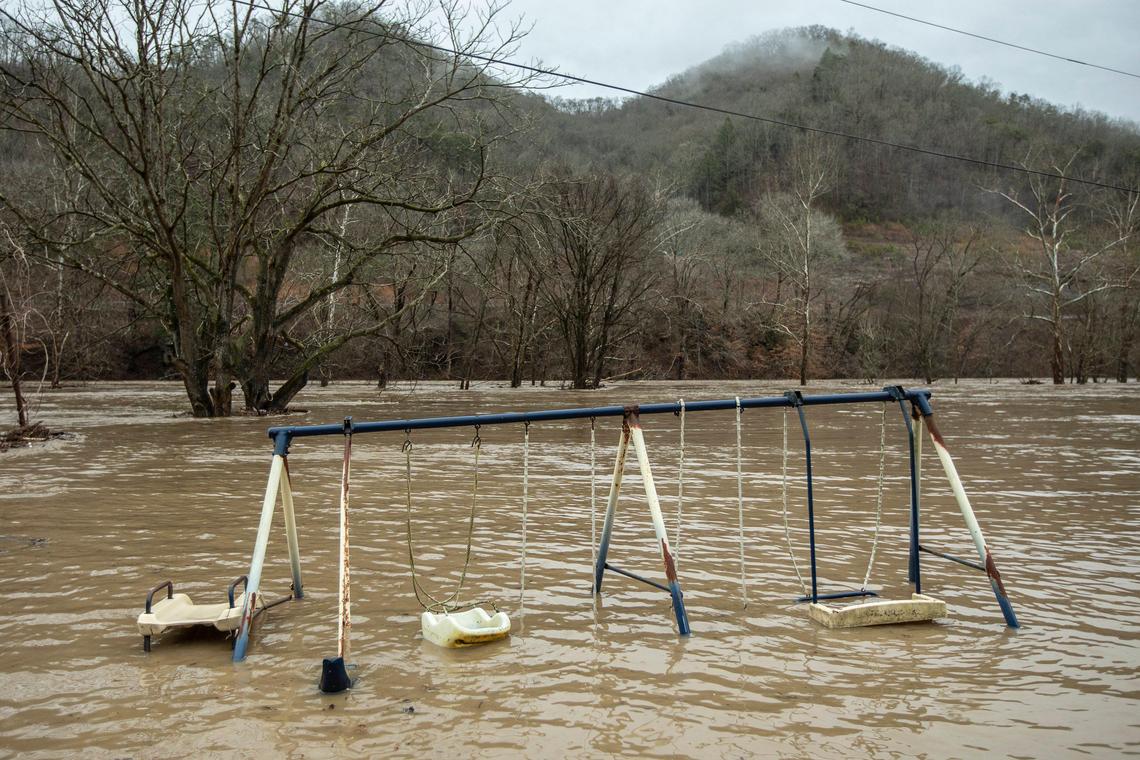 The Russell Fork floods near Draffin, Ky., in Pike County Thursday, Feb. 6, 2020.