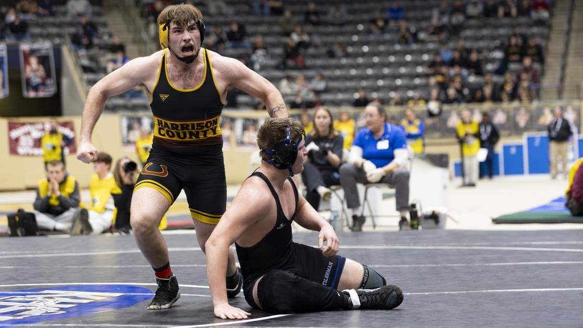 Harrison County’s Brock Sexton celebrated his ultimate tiebreaker victory over Paducah Tilghman’s Rage Henderson in the 215-pound finals of the 2026 KHSAA Boys/Co-ed State Wrestling Championships at the Kentucky Horse Park’s Alltech Arena on Friday.
