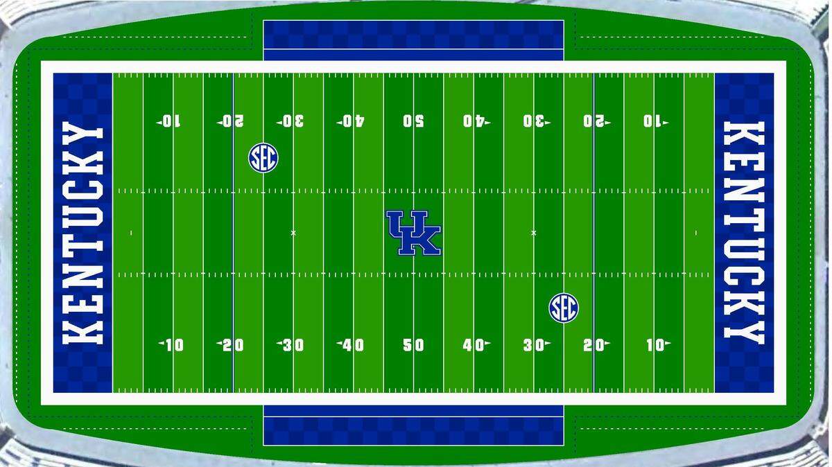 The synthetic surface at the renovated Commonwealth Stadium will feature UK Athletics' new interlocking UK logo at midfield, and blue checkerboards at the end zones and sidelines.  