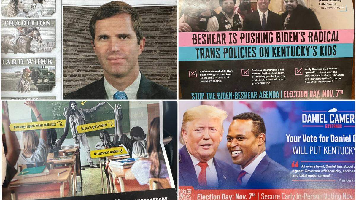 Above are four pieces of mail meant to (from top left, clockwise) promote Andy Beshear, to criticize him, to promote Daniel Cameron and to criticize him.