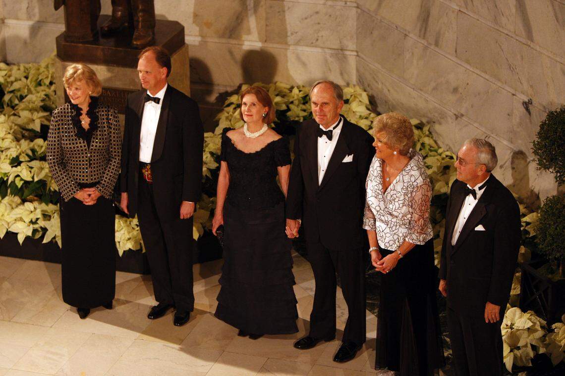 L-R: former Gov. Martha Layne Collins with son Steve, Libby and Former Gov. Brereton Jones, Judy and former Gov. Paul Patton, during the Grand March at the Kentucky State Capitol in Frankfort, Ky., Tuesday, December, 11, 2007. This was one of several events on the night of Gov. Steve Beshear's inauguration. Photo by Charles Bertram | Staff