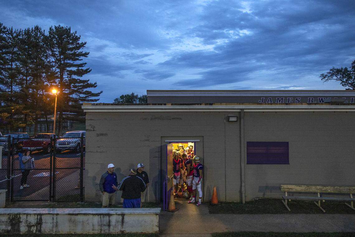 The Somerset High School Briar Jumpers football team prepares to take the field at the William M. Clark Athletic Field for a game against Danville in Somerset, Ky., Friday, Oct. 11, 2019. Somerset won, 40-21.