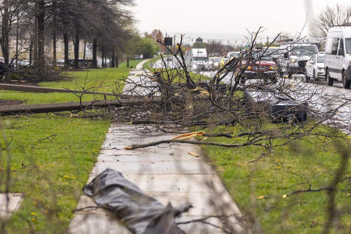 High winds caused damage to the Lexus of Louisville dealership near Blankerbaker Parkway and Plantside Drive in Louisville, Ky., overnight Wednesday, April 2 to Thursday April 3, 2025.