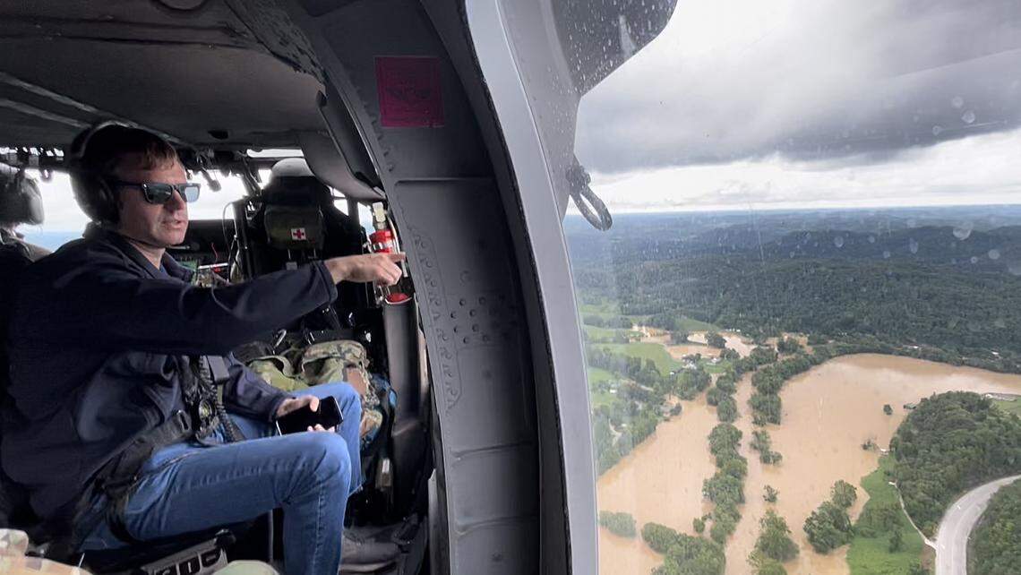 Kentucky Gov. Andy Beshear toured flooded areas in Eastern Kentucky in a helicopter Friday.