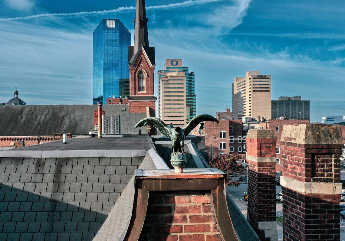 Carrick House with its ornamental eagle in Gratz Park photographed via drone.