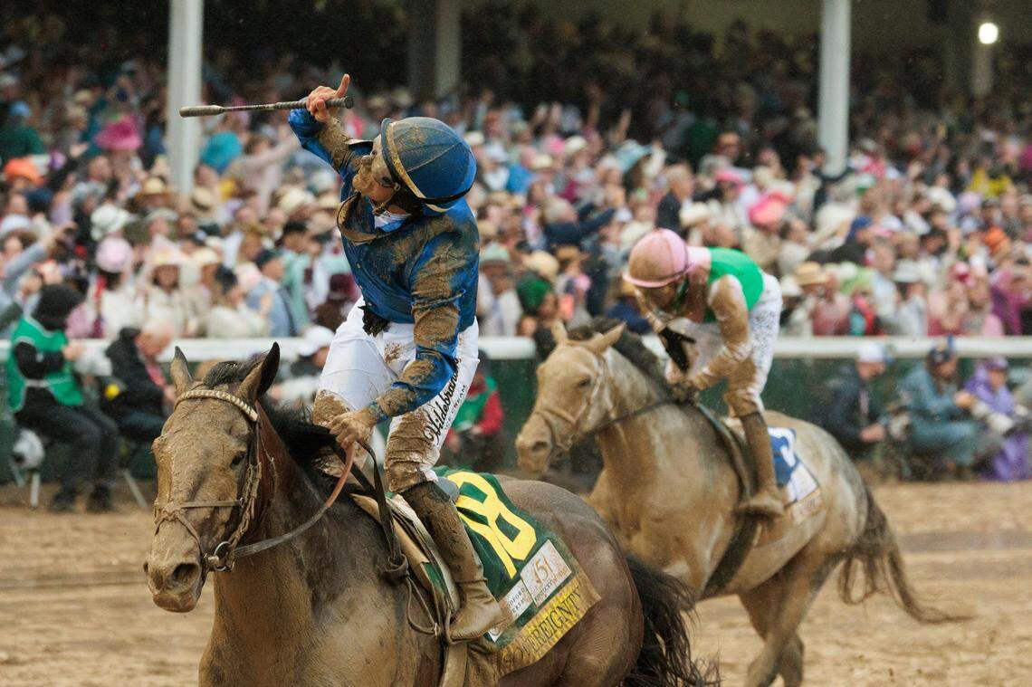 Junior Alvarado celebrates aboard Sovereignty after their Kentucky Derby 151 victory Saturday at Churchill Downs.
