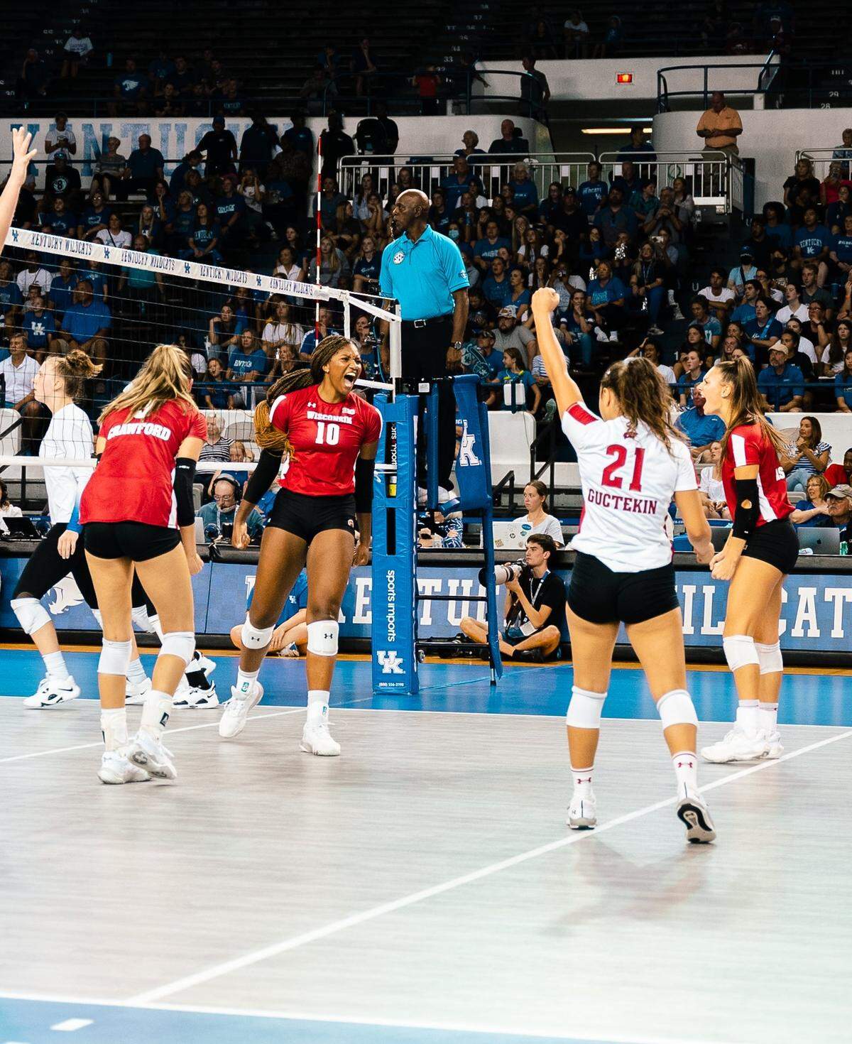 Wisconsin celebrated a point during its 3-0 sweep of Kentucky in Memorial Coliseum on Friday night. The sixth-ranked and defending national champion Badgers improved to 4-1 this season.