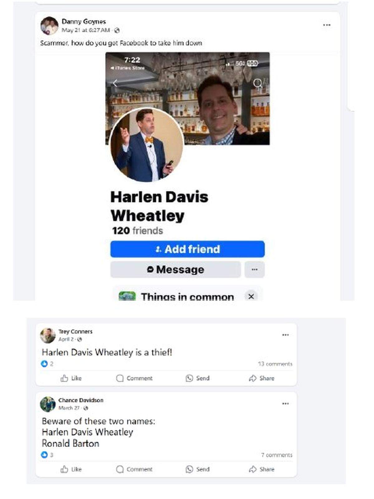 A screenshot included with Sazerac’s lawsuit shows posts identifying the fake Harlen Wheatley account as a scam.